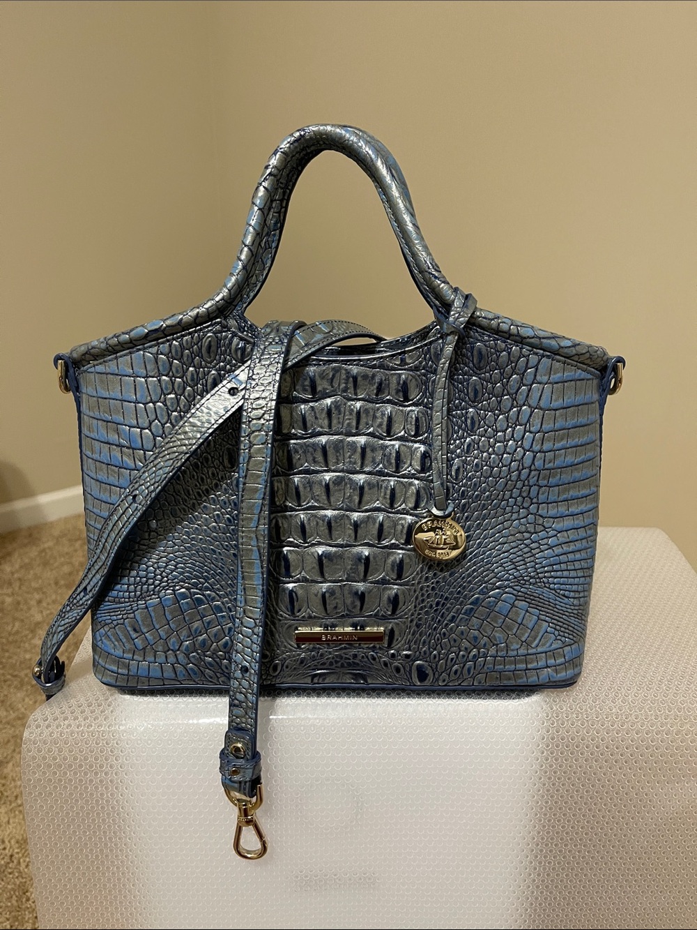 Brahmin Blue Croc-Embossed Satchel with Gold Charm - Picture 3 of 5